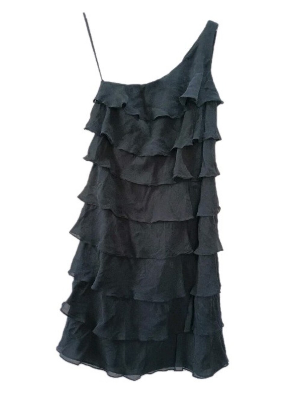 Kay Unger Silk Chiffon Cocktail Dress One- Shoulder Tiered Ruffles Black Size 6